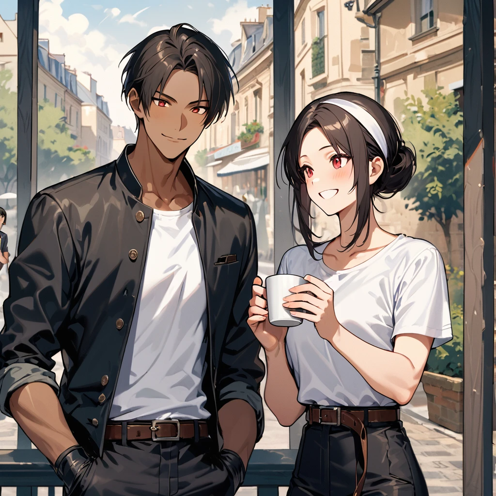 Orochikyo, two people, dark skin, red eyes, black jacket, fingerless gloves, black hair, white t-shirt, ((white headband)), black pants, white shoes, brown belt, handsome, shot, charming, masterpiece, high resolution, detailed face, fine grain, confident smile, Promenade des Anglais, Paris background Man and woman laughing, man and woman same hairstyle and clothes, peace sign.rainy sky, With lover, , Dining on terrace with lover, Drinking coffee, Men and women minding the rain,