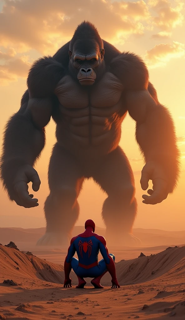 This image shows Spider-Man sitting in a pit in the middle of a desert, with a gigantic Gorilla towering in front of him. The Gorilla has its hood spread and appears ready to strike. The scene seems to be set during sunset, creating a dramatic and tense atmosphere. The image is highly stylized and likely represents a digitally created artwork or an imaginative scenario.
