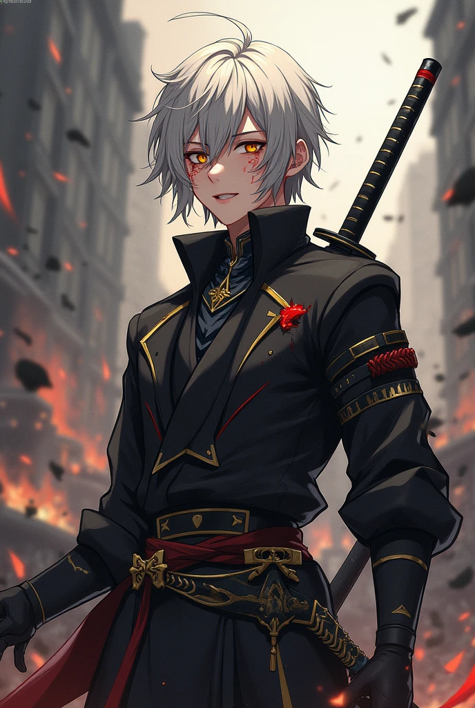 Devil hunter,Black jacket with gold and red lines,fallen white hair,アニメ,masculine,long sword on the back,Serrated sword,Pointed sword,black pants,scene in destruction and ashes,Character injured and with light cuts on the face,bleeding,Expression of amusement,,Yellowish eyes reflecting a demon in the eyes,Katana in sheath at waist,Black and gold sheath,Zoom in on the character,young character.