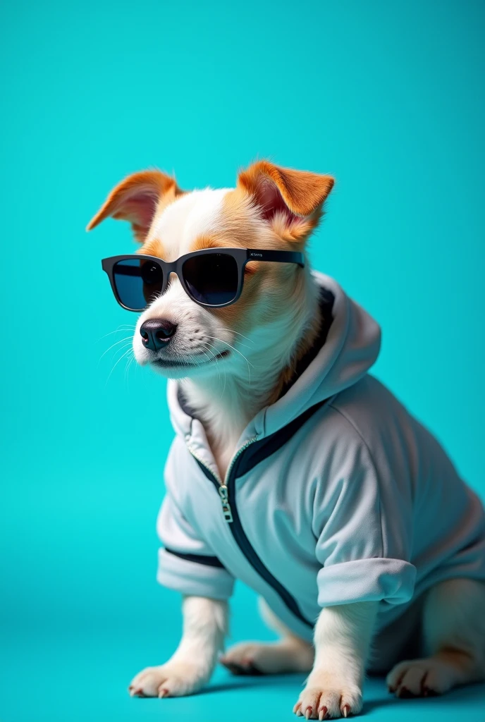 The best cell phone wallpaper, Award-Winning Wallpaper, portrait photography, In the front view is a portrait of a cute dog wearing mid-1960s space age fashion, Side view photo, Shot with Canon EOS R5, Set a strong contrast that accentuates the subject, Fluorescent blue tone, Wearing a very modern coat and sunglasses is a modern 1960s style, Clothes all in one color, beautiful background