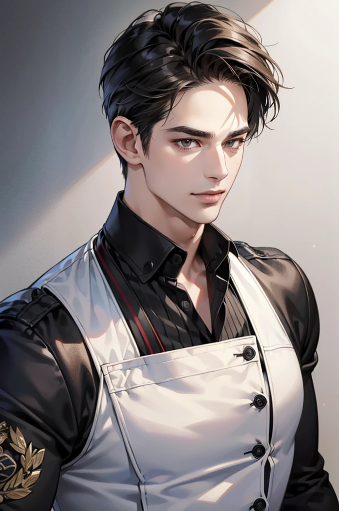 (best quality,4k,8k,highres,masterpiece:1.2),ultra-detailed,(realistic,photorealistic,photo-realistic:1.37),30 year old man,handsome anime,portraits,strong,masculine, black hair,sharp jawline,mesmerizing brown eyes,perfectly styled hair,short hair, cool anime outfit,confident expression,vibrant colors,dynamic lighting,smile lips, business suit. 