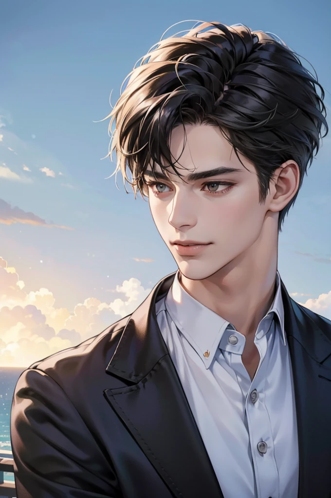 (best quality,4k,8k,highres,masterpiece:1.2),ultra-detailed,(realistic,photorealistic,photo-realistic:1.37),30 year old man,handsome anime,portraits,strong,masculine, black hair,sharp jawline,mesmerizing brown eyes,perfectly styled hair,short hair, cool anime outfit,confident expression,vibrant colors,dynamic lighting,smile lips, business suit. 