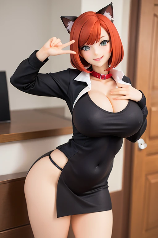 figure, Neko, sexy pose, big breasts, curvy, smile, bob haircut, school uniform, redhead, cat ears
