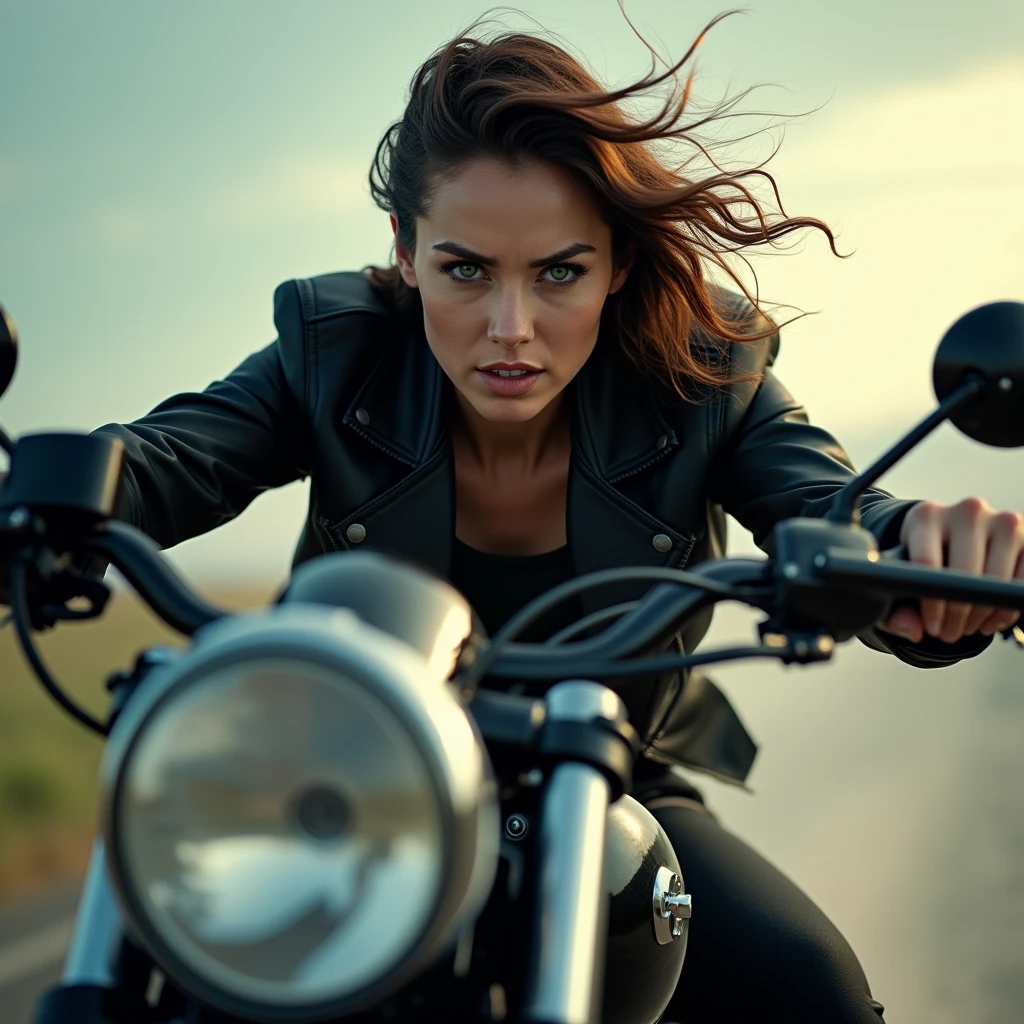a woman riding a motorcycle, detailed portrait, realistic,intricate details, dynamic motion blur, cinematic lighting, vibrant colors, dramatic atmosphere, highly detailed, award winning, photorealistic, 8k, masterpiece