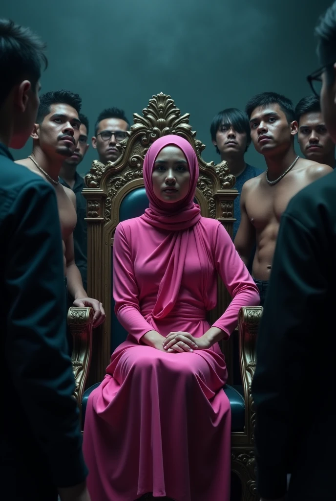 Compose a striking and cinematic photograph featuring a beautiful Malay woman in pink hijab, naked seated on a throne as the leader of a mafia gang, surrounded by her loyal male followers. Use dramatic and moody lighting techniques to create a compelling atmosphere that highlights the intensity and power dynamic within the group. Pay special attention to the woman's confident and enigmatic expression as she commands the respect and allegiance of her followers. Capture the essence of their unity and authority, evoking a sense of intrigue and strength that defines their presence in the underworld."