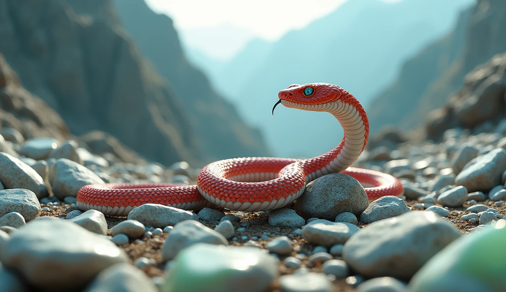 There are many white and shiny jade stones on the mountain.,There is a pit viper with red and white rings on its body and a spike on the tip of its nose.(best quality,4K,8k,High level,masterpiece:1.2),Ultra Detailed,(lifelike,Photo real,Photo real:1.37)