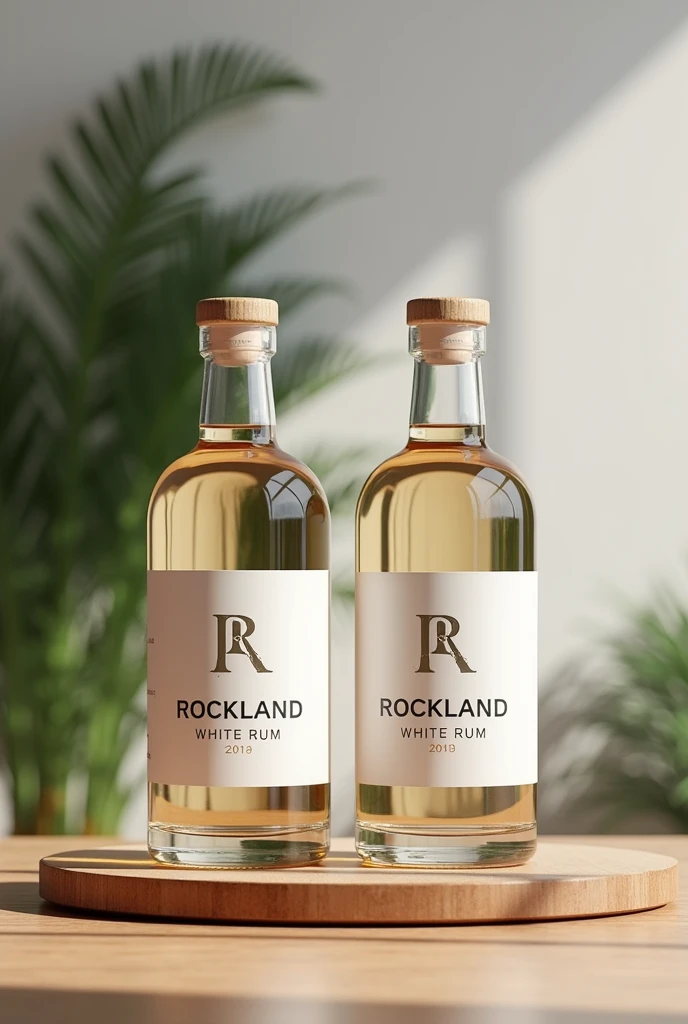 Two rockland white rum bottles on a table