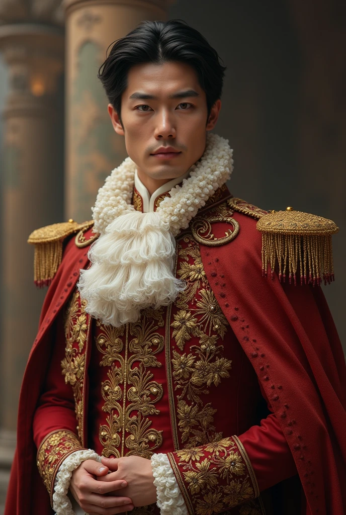 handsome half korean man in england's prince outfit. monolid and sleepy eyes. hazel colored eyes. square and a bit round face shape with two blocks hair cut. whole body