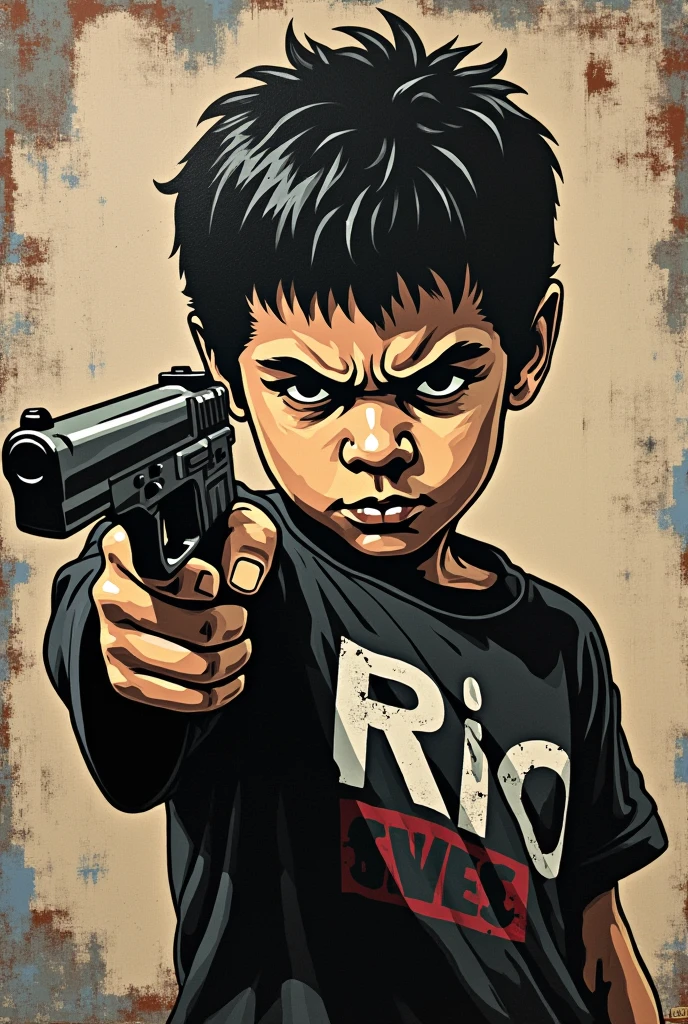 Stencil art of a child holding a book as if he were holding a gun. There are no weapons in the image, just the book. The book must be closed and in only one hand pointing forward as if ready to throw.. Looking like a Rio de Janeiro thug.