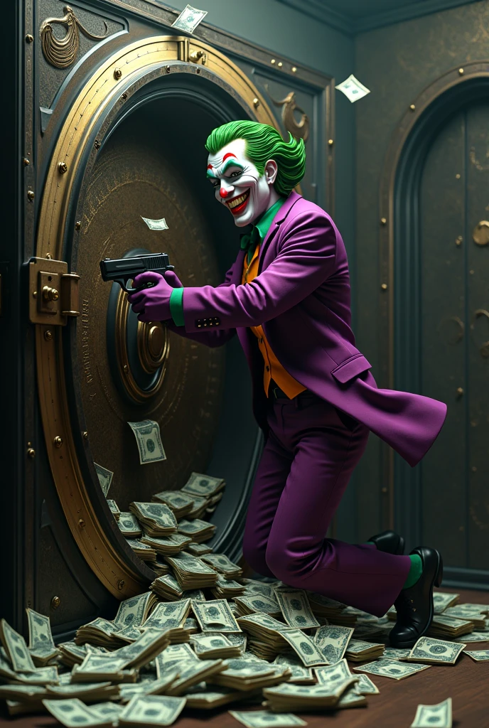 joker with a gun in his hand and he&#39;s kind of sideways, opening a bank safe and having a lot of money inside and he happily laughing throwing money up in the air 