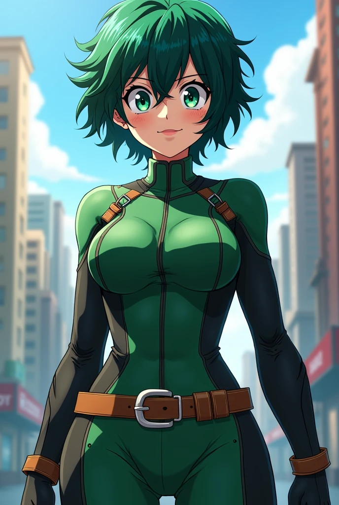 Midoriya Izuku from My Hero Academia reimagined as a female character. She has short green hair, large expressive eyes, and wears a hero costume similar to the original but tailored for a female. The outfit includes a fitted hero suit with a green and black color scheme, and she has a determined yet friendly expression.