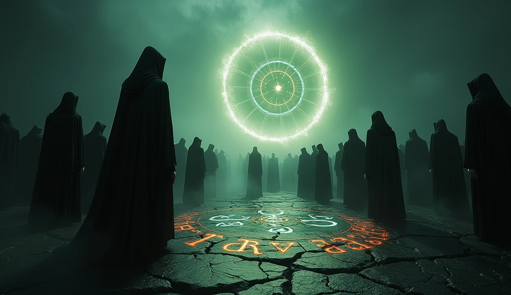 Cinematic scene of a dark magic ritual: hooded figures chanting around a glowing, dark portal. The ground cracked and emitting dark energy. Realistic, mystical, and ominous, highlighting the rise of dark powers. Include intricate symbols and runes glowing on the ground, adding to the mystic atmosphere. High level of detail and realism to match cinematic quality.
