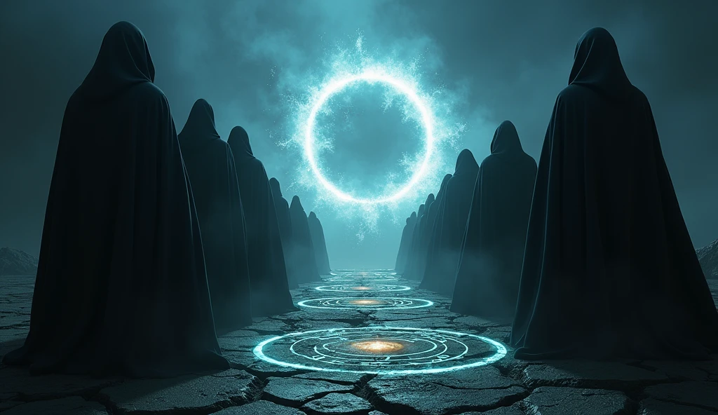Cinematic scene of a dark magic ritual: hooded figures chanting around a glowing, dark portal. The ground cracked and emitting dark energy. Realistic, mystical, and ominous, highlighting the rise of dark powers. Include intricate symbols and runes glowing on the ground, adding to the mystic atmosphere. High level of detail and realism to match cinematic quality.