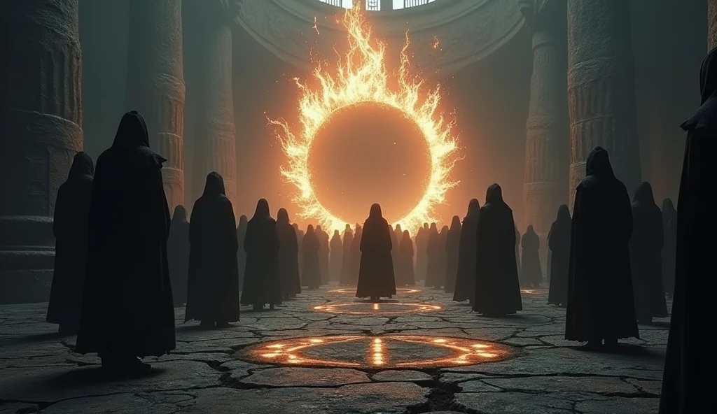 Cinematic scene of a dark magic ritual: hooded figures chanting around a glowing, dark portal. The ground cracked and emitting dark energy. Realistic, mystical, and ominous, highlighting the rise of dark powers. Include intricate symbols and runes glowing on the ground, adding to the mystic atmosphere. High level of detail and realism to match cinematic quality.
