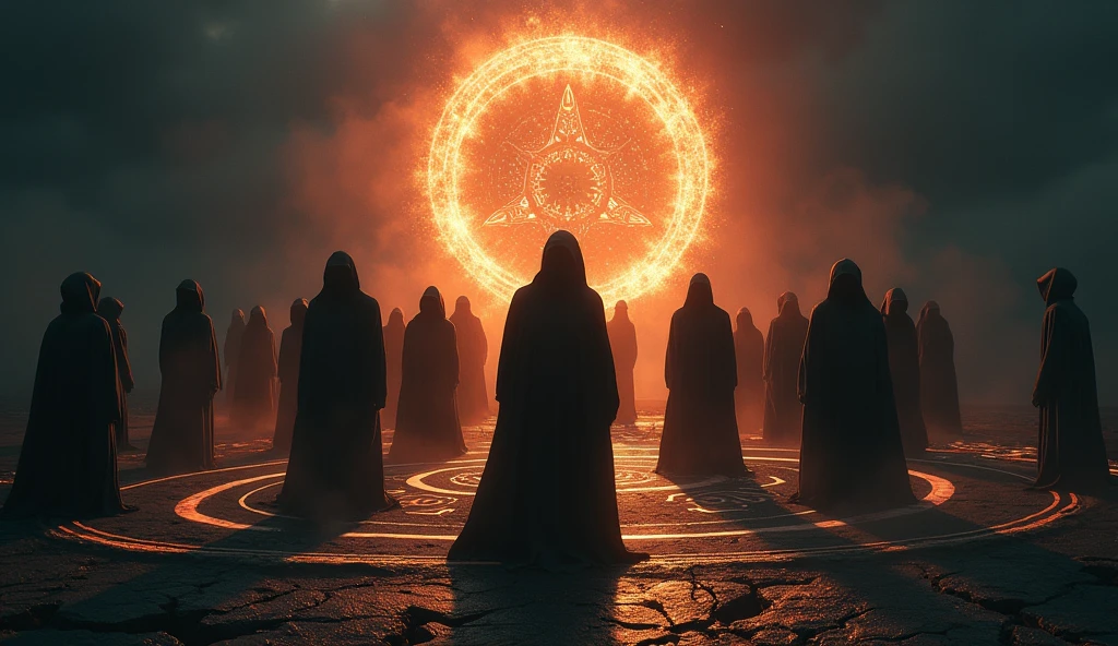 Cinematic scene of a dark magic ritual: hooded figures chanting around a glowing, dark portal. The ground cracked and emitting dark energy. Realistic, mystical, and ominous, highlighting the rise of dark powers. Include intricate symbols and runes glowing on the ground, adding to the mystic atmosphere. High level of detail and realism to match cinematic quality.