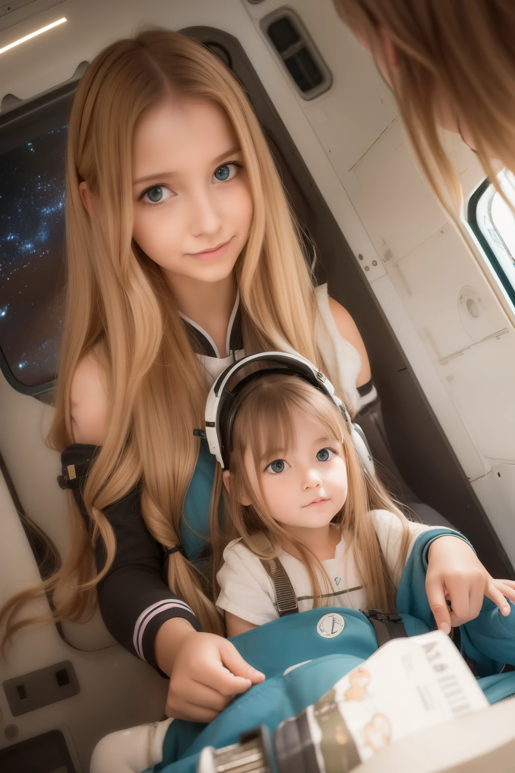 two  and a mother in a space station, a  with long blond hair, a  with long brown hair. Mom with long hair and dark green eyes