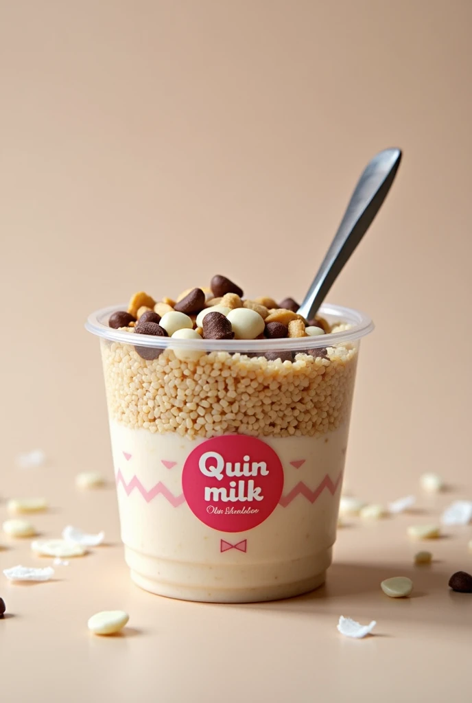 MY PRODUCT IS A DESSERT CALLED RICE PUDDING BUT WE REPLACE THE RICE WITH QUINOA OUR BRAND IS CALLED "QUINMILK" WE ADD TOPINS TO OUR PRODUCT AS DECORATION OF GRATED COCONUT OR CHOCOLATE CHIPS. We add little by little.QUINOA IS A PERUVIAN PRODUCT THAT CONTAINS MANY BENEFITS FOR OUR BODY. My product is in a plastic container Pamolsa Transparent Circular Container 7 oz. On the container is pasted the brand logo that says "QUINMILK" in a circular manner but in a zigzag is the logo with a white background and pink edges with a pink bow .