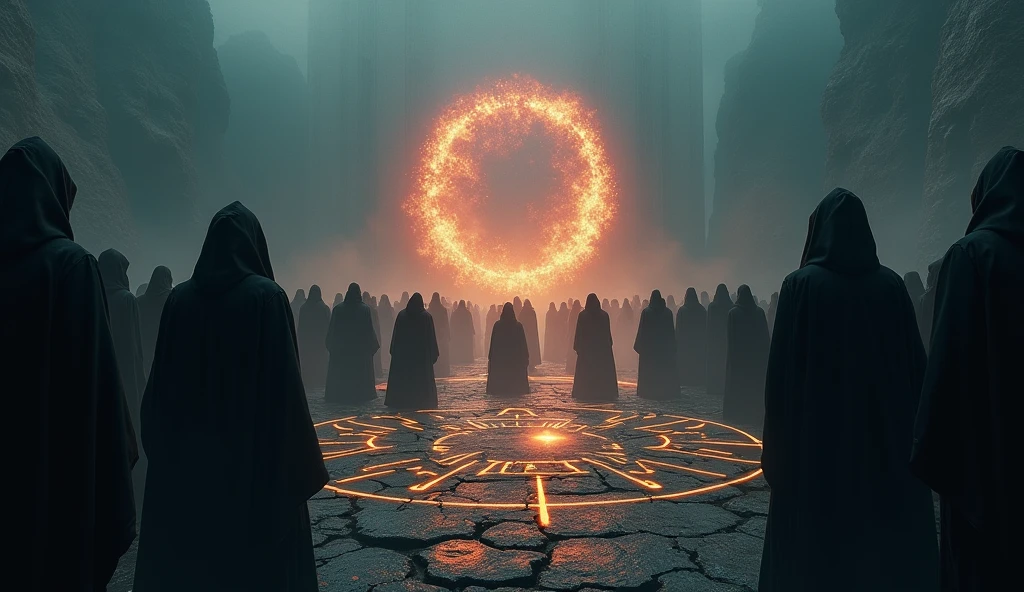 Cinematic scene of a dark magic ritual: hooded figures chanting around a glowing, dark portal. The ground cracked and emitting dark energy. Realistic, mystical, and ominous, highlighting the rise of dark powers. Include intricate symbols and runes glowing on the ground, adding to the mystic atmosphere. High level of detail and realism to match cinematic quality.