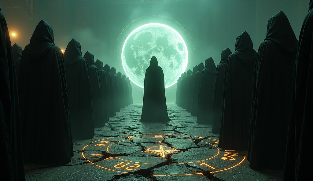 Cinematic scene of a dark magic ritual: hooded figures chanting around a glowing, dark portal. The ground cracked and emitting dark energy. Realistic, mystical, and ominous, highlighting the rise of dark powers. Include intricate symbols and runes glowing on the ground, adding to the mystic atmosphere. High level of detail and realism to match cinematic quality.