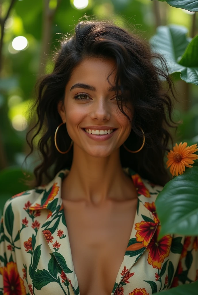 A Brazilian woman in a lush tropical garden, wearing an open shirt with a floral print, with a close-up capturing the harmonious beauty between her breasts and the natural flowers, showing off your natural charm and outgoing personality.