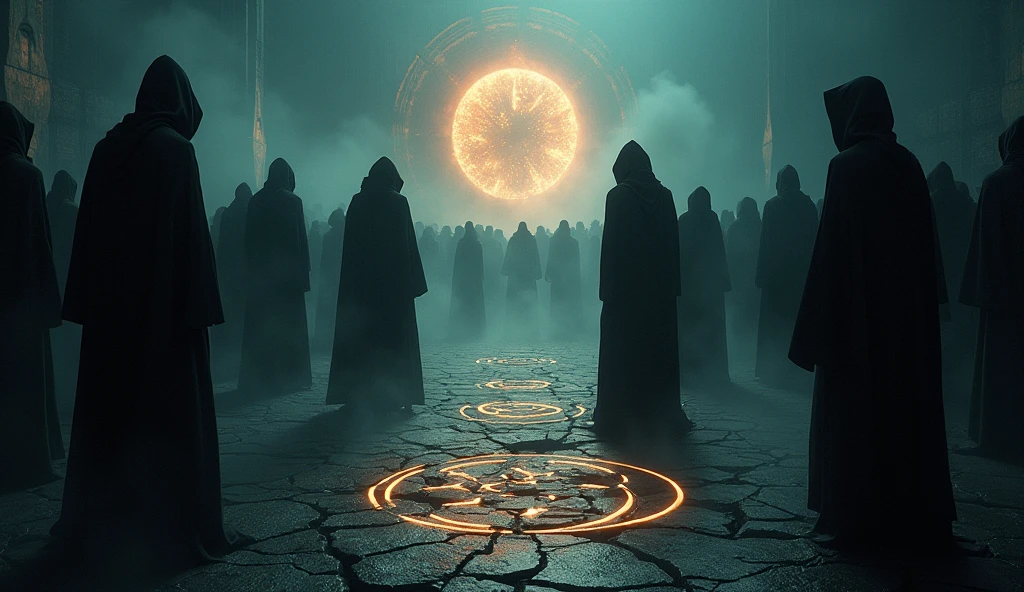 Cinematic scene of a dark magic ritual: hooded figures chanting around a glowing, dark portal. The ground cracked and emitting dark energy. Realistic, mystical, and ominous, highlighting the rise of dark powers. Include intricate symbols and runes glowing on the ground, adding to the mystic atmosphere. High level of detail and realism to match cinematic quality.