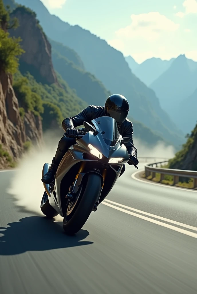 CREATE AN IMAGE OF A MOTORCYCLIST ON A ROAD AT HIGH SPEED. THE IMAGE MUST BE IN THE FORMAT 851 pixels wide by 315 pixels high