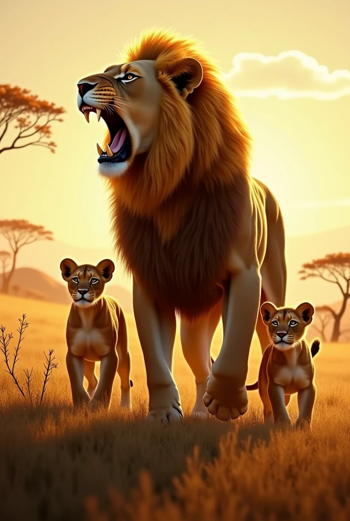 A lion who roar with 2 son