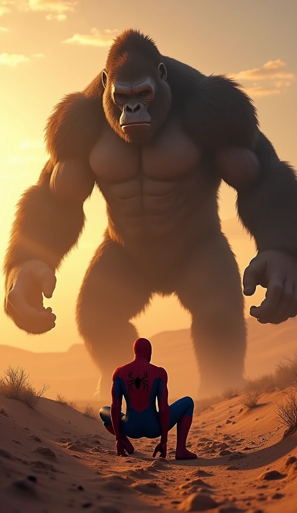 This image shows Spider-Man sitting in a pit in the middle of a desert, with a gigantic Gorilla towering in front of him. The Gorilla has its hood spread and appears ready to strike. The scene seems to be set during sunset, creating a dramatic and tense atmosphere. The image is highly stylized and likely represents a digitally created artwork or an imaginative scenario.