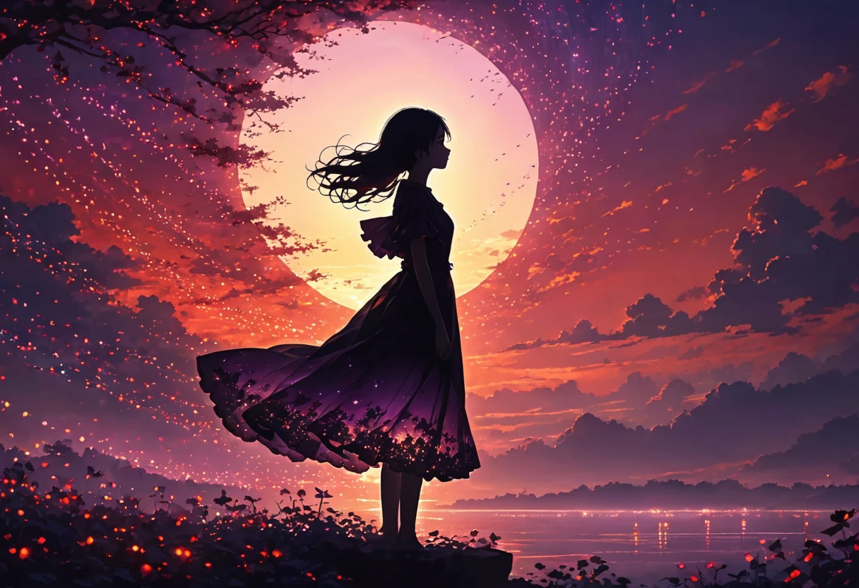 The image depicts a silhouette of a girl standing against a stunning sunset background. The sky transitions from a deep purple , near the horizon to a deep red as it ascends. The figure appears to be enveloped in a series of tiny glowing fairy lights, some of which are illuminated, creating a stunning and captivating contrast to the dark silhouette. The figure appears to be holding out one arm, perhaps adjusting to or interacting with the lights. The overall mood of the image is peaceful and magical.