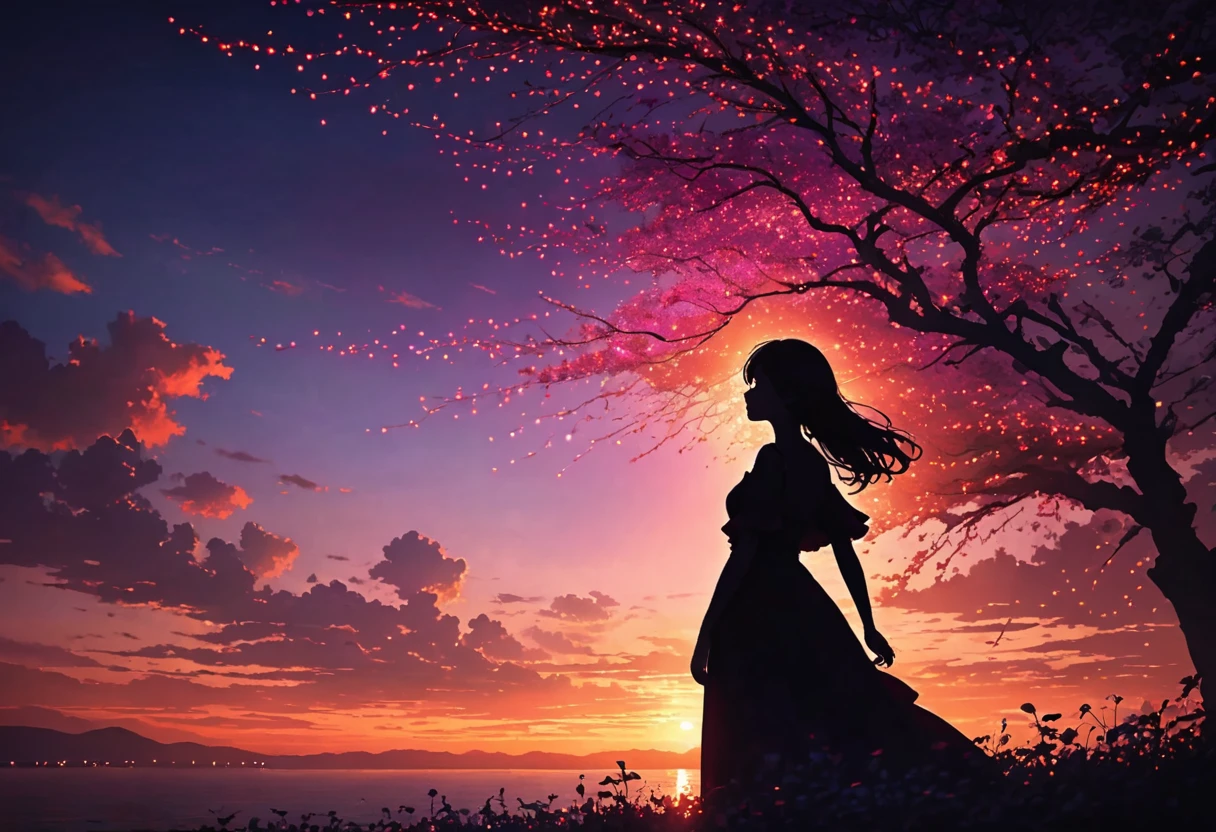 The image depicts a silhouette of a girl standing against a stunning sunset background. The sky transitions from a deep purple , near the horizon to a deep red as it ascends. The figure appears to be enveloped in a series of tiny glowing fairy lights, some of which are illuminated, creating a stunning and captivating contrast to the dark silhouette. The figure appears to be holding out one arm, perhaps adjusting to or interacting with the lights. The overall mood of the image is peaceful and magical.