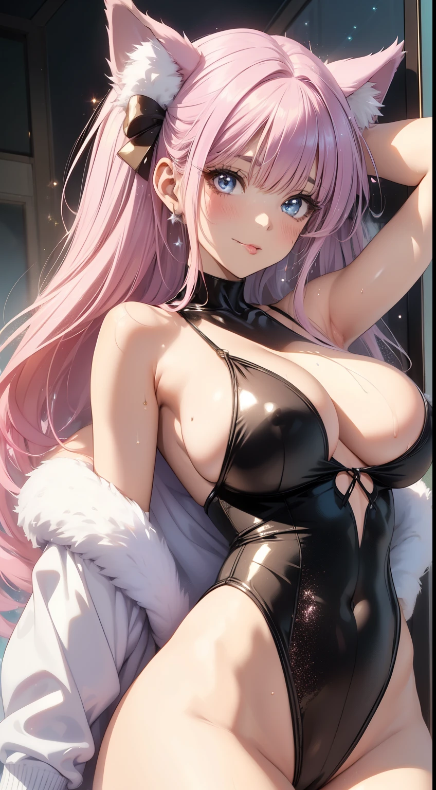 (nsfw:1.1).(huge breasts:1.1)(Sexy glitter leotard:1.2).(Composition from directly below:1.2).Anime holographic pink hair white ribbon, , Beautiful character drawings, , Stunning anime face portrait handsome royal sister wolf ears, tongue out, saliva dripping, semen splattered on face, blush