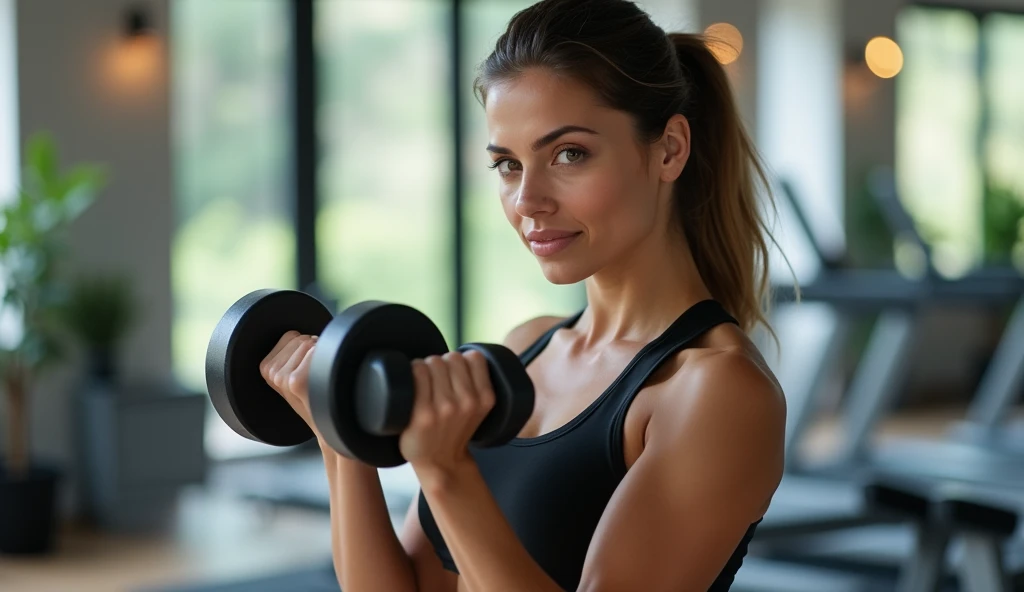 The model is now holding a set of dumbbells, performing a bicep curl. Her expression is calm but determined, showing her commitment to self-care