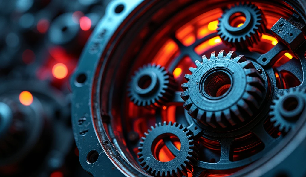 So many beautiful gears and beautiful pinions., close-ups of gears, dynamic camera work, Inside a machine, Beautiful metallic light reflections., Colorful LED growing from the inside, Focus on the pinions and gear system, Black machine oil reflecting lights
