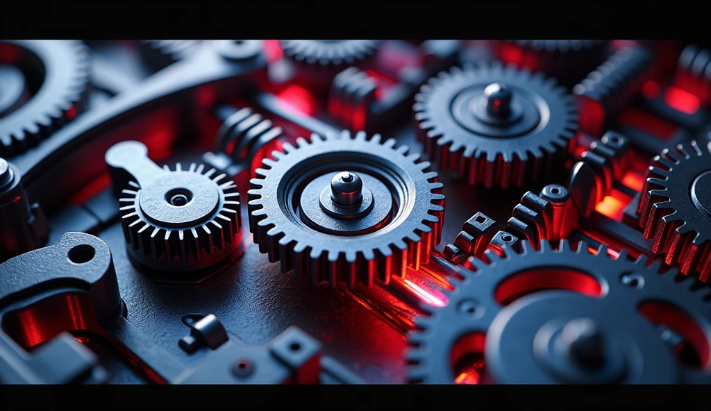 So many beautiful gears and beautiful pinions., close-ups of gears, dynamic camera work, Inside a machine, Beautiful metallic light reflections., Colorful LED growing from the inside, Focus on the pinions and gear system, Black machine oil reflecting lights