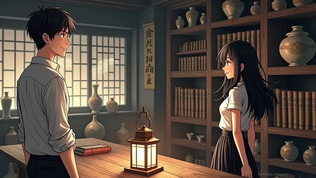  A mysterious and dimly lit room filled with ancient Chinese artifacts and old Chinese books. The only light comes from a faint lantern. In the room, a handsome 2 male student is dressed in a white long-sleeve shirt with rolled-up sleeves tucked into black trousers. He is smiling slightly and looking at a 20-year-old female student. She has long black hair with bangs, wearing a white short-sleeve shirt and a long black pleated skirt. She is standing, gazing at the various items in the room with interest and excitement.