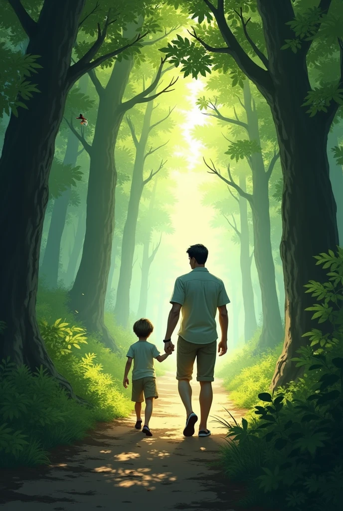A man walking hand in hand with a child along a path in a forest, backwards. walking towards a light