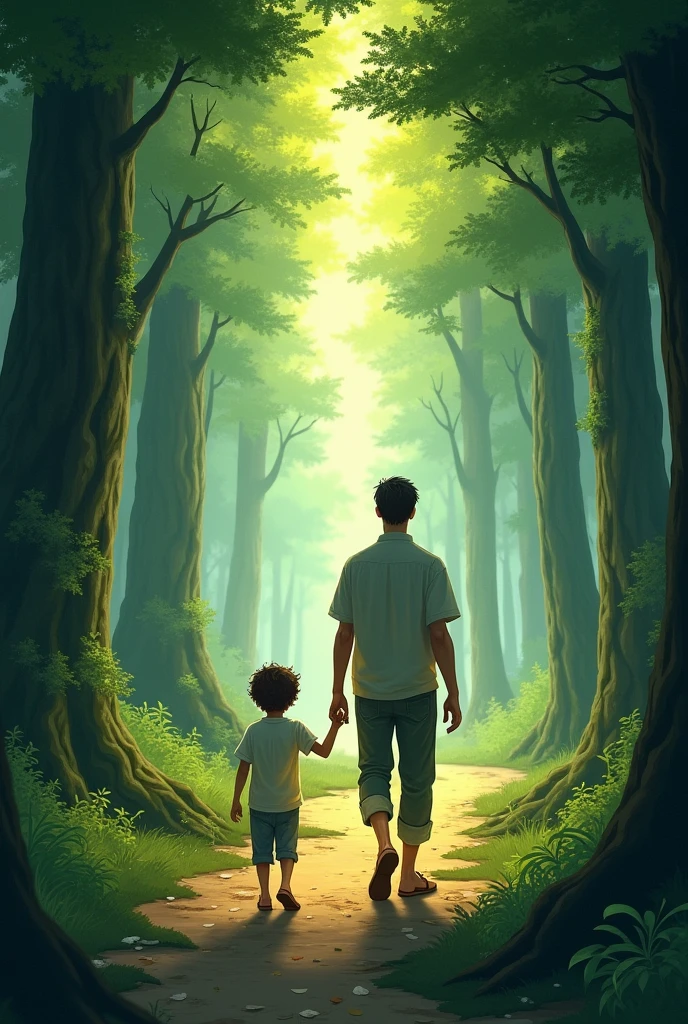 A man walking hand in hand with a child along a path in a forest, backwards. walking towards a light