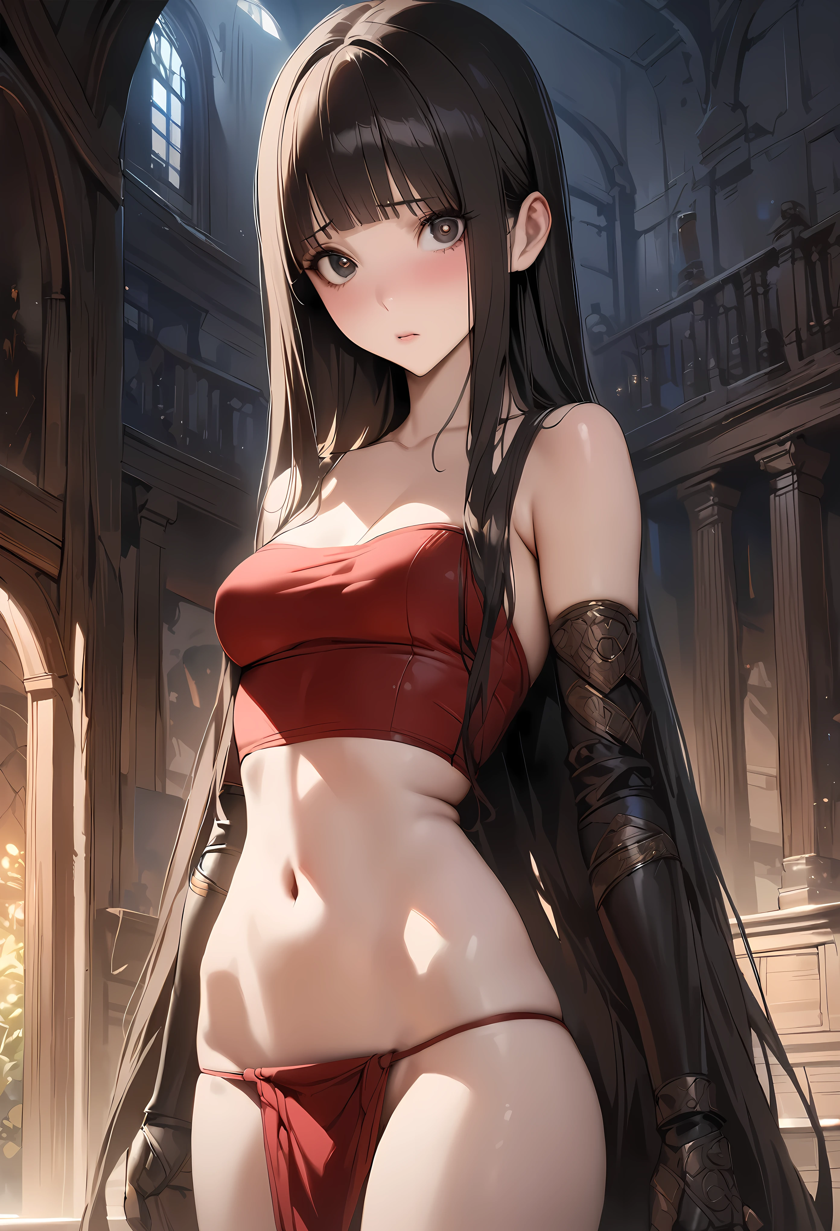 Fantasy art、((masterpiece,best quality anime,Highest quality:1.3)),realistic,portrait,1woman,(Mature Beauty),((very small head:1.4)),((very long body:1.3)),long hair,black hair,bangs,(gorgeous big eyes),black eyes,shy,,((slender body:1.3,skinny)),medium breasts,(Red tube top shirt、navel、red loincloth、Leather Gauntlets),standing、Old mansion、at night、A world of magic and fantasy、