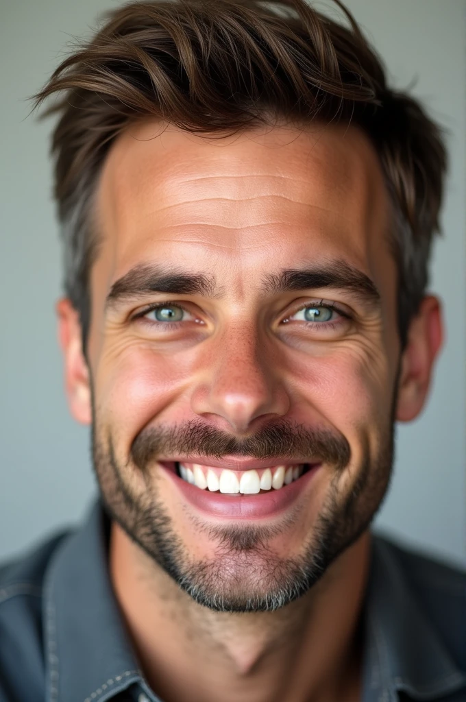 smiling with lower lip pressed under teeth handsome man photo