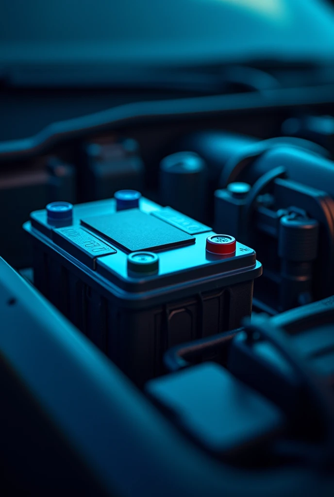 Generate an imagen that represents a car´s battery, the image must have color blue, or blue tones, please, don´t create an imagen with a full of light in the bettery or in the car, put a car too
