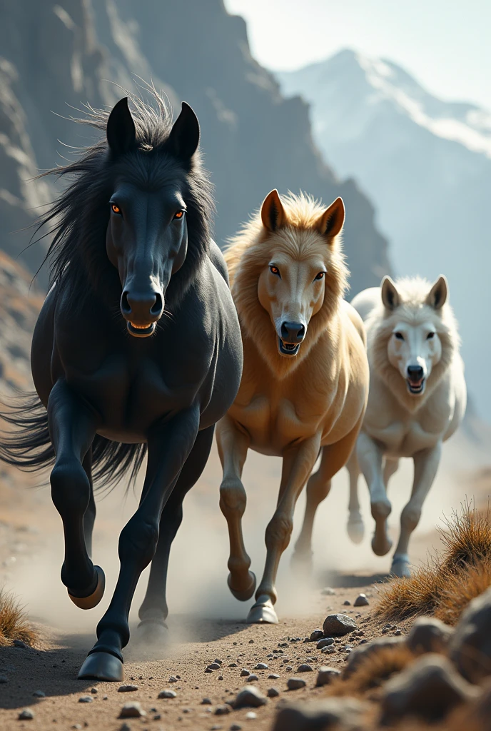 Create a mutation between these two animals and make them mixtures of both horses and wolves. Make a pack of these that have several colors.