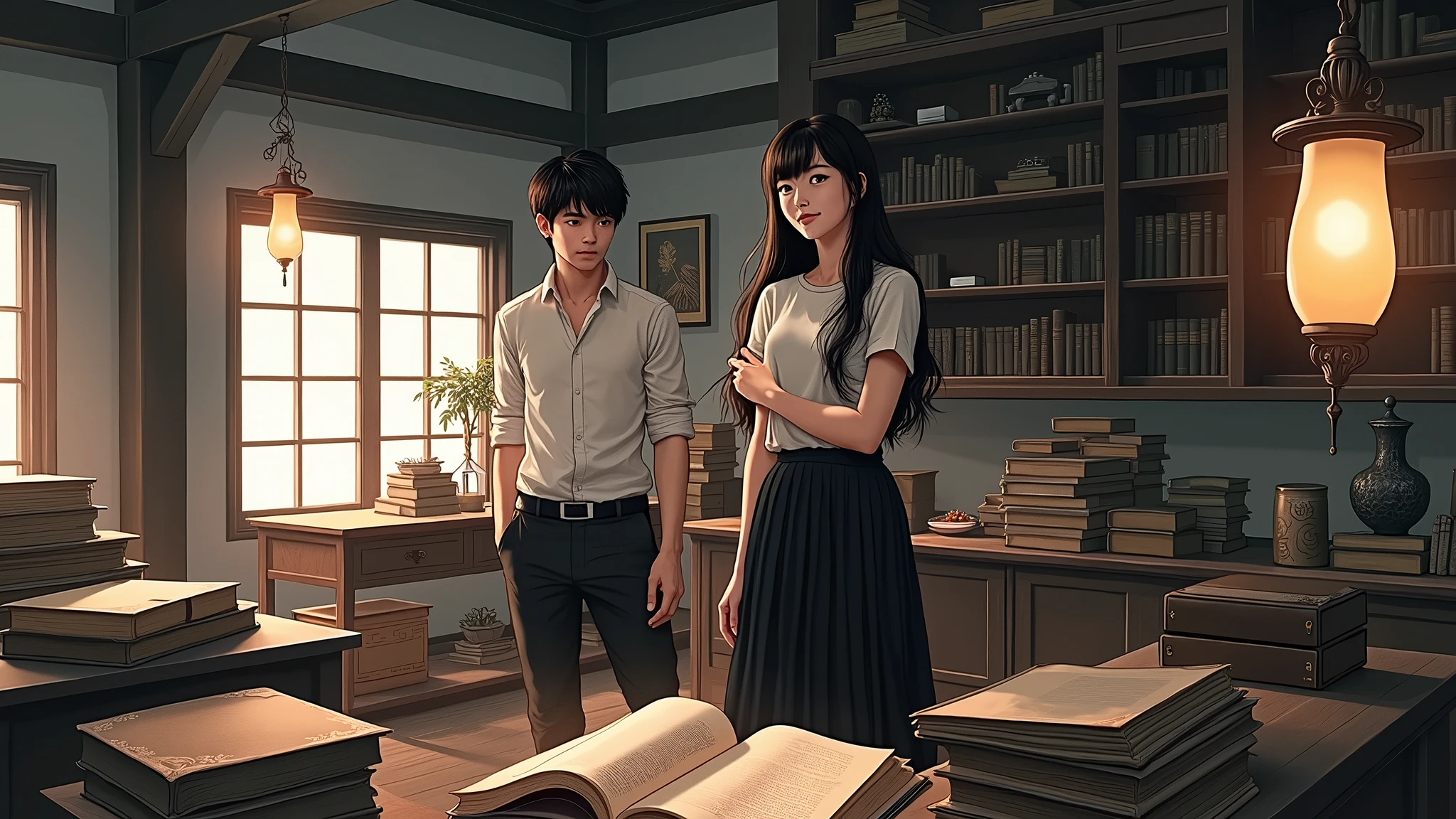 A room filled with Chinese antiques and old Chinese books, the atmosphere was mysterious. There was dim light from lamps. A 2 handsome male student wearing a white long-sleeved shirt with the sleeves rolled up and tucked into black trousers smiled slightly and looked at a 20-year-old female student with long black hair and black bangs, wearing a white short-sleeved shirt and a long black pleated skirt, who was standing looking at the open book on the table in the room with interest and excitement.