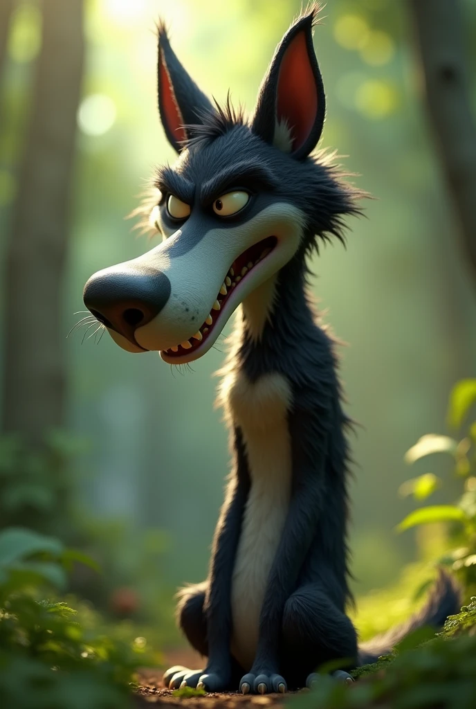 pixar style, sideview of a 3D cute but revengeful mischief black furry wolf with grey snout and belly, with realistic black fur, 3D illustration, captured in a highly exaggerated cartoonish pose, blowing air from mouth with full force. The wolf's cheeks are puffed, lips rounded and eyes closed. The wolf's legs are bent, and its arms stretch backward, emphasizing the comical exertion. The expression on the wolf's face is exaggerated, with closed eyes, furrowed brows, and a humorous intensity. (1male wolf:1.2), (sinister and mischief expression:1.5), dark behaviour, lean build, (disproportionate body long nose and mouth), (realistic fur texture), (jungle background:1.4), sunlight filtering through the trees, (soft lighting:1.3), (green and earthy color scheme:1.3), (highly detailed), (ultra quality:1.3), (masterpiece), (digital art), 8K resolution, HDR, depth of field, (soft shadows), (photorealistic:1.3), (animation:1.2), (by Greg Rutkowski:0.9), (in the style of Alphonse Mucha), trending on ArtStation, award-winning art