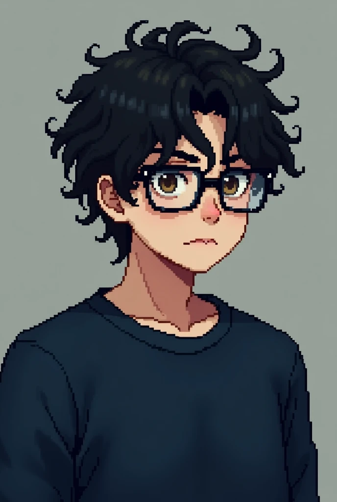 Strong emo pixel art man with very curly black hair, with glasses, navy blue sweater, eyes browns, with a serious face, with a slightly mature face, olhando de lado