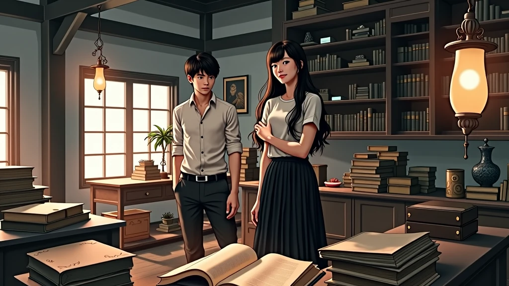 A room filled with Chinese antiques and old Chinese books, the atmosphere was mysterious. There was dim light from lamps. A 2 handsome male student wearing a white long-sleeved shirt with the sleeves rolled up and tucked into black trousers smiled slightly and looked at a 20-year-old female student with long black hair and black bangs, wearing a white short-sleeved shirt and a long black pleated skirt, who was standing looking at the open book on the table in the room with interest and excitement.