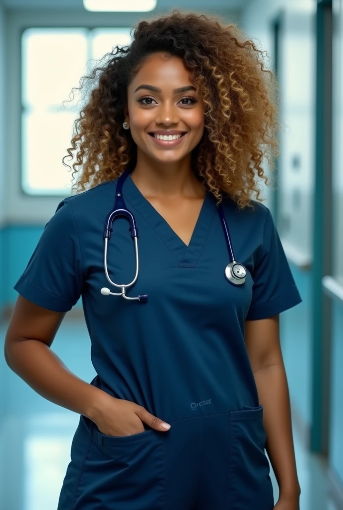 A beautiful sri lankan lady with curly long voluminous hair, fair golden and clear skin, has hourglass body shape , wearing a dark blue scrub which has name doctor and dark blue stethoscope, not smiling eye catching beauty..i need the full body picture..and not that much slim .she should have a medium size body. In hospital