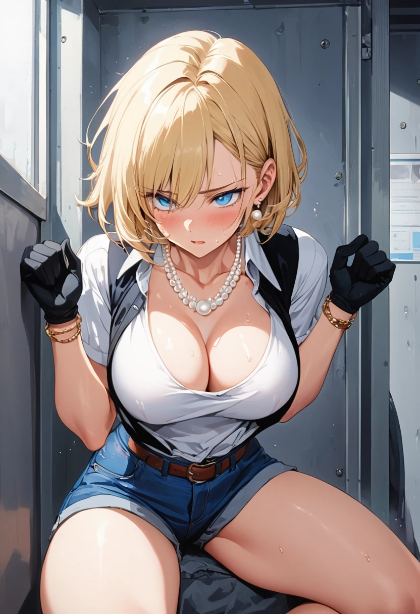 masterpiece, Highest quality, High resolution, (Artificial Human Room No. 18),1990s \(style\),(E-cup beautiful breasts)、height: 170cm,Sweating all over the body、vapor、Muscular、((sexy))、(sex),(nsfw),(M-shaped legs),Sweaty、(Breasts spilling out of clothes),独奏,Anime-style painting style, blonde hair, Blue eyes, belt, jeans, pearl_necklace, bracelet, black gloves, white shirt, short hair, short sleeves, earrings, blue short pants, open vest, black vest,middle breasts,Composition focusing on the upper body,(Cool face)、Pointed eyes,A face writhing in pleasure,Female leopard pose,Side view