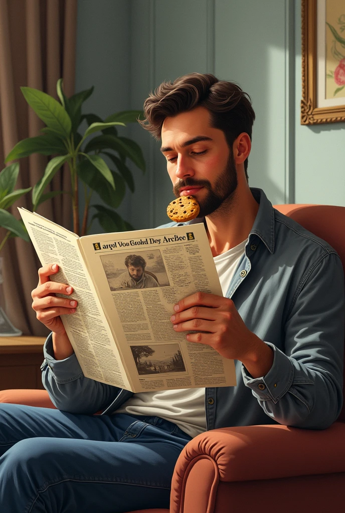 He holds a newspaper in one hand while enjoying his cookie. La imagen utiliza una paleta de colores que contrasta and se complementa con los tonos La imagen utiliza una paleta de colores que contrasta and se complementa con los tonos #ecba58, #935038, #f1d0a6, #0b2d7e, #eaba08, #ef668b, and #e3c2c9 creando una atmósfera nostálgica and armoniosa.
