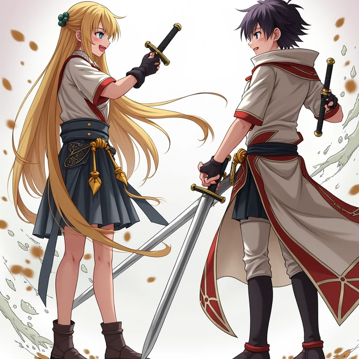 high resolution, HD Model, high qualiy, longye hair, shorth hair, bangss, hair blonde, Bblack hair, laughter, blue colored eyes, purples eyes, motion lines, Lines of action, anime styling, アニメ, Girl and Boy Swordsmen Battling.