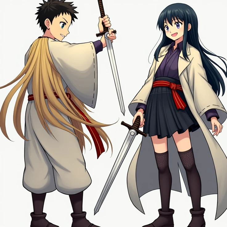 high resolution, HD Model, high qualiy, longye hair, shorth hair, bangss, hair blonde, Bblack hair, laughter, blue colored eyes, purples eyes, motion lines, Lines of action, anime styling, アニメ, Girl and Boy Swordsmen Battling.